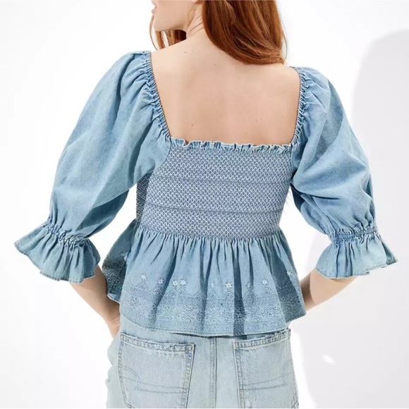 American Eagle Smocked Denim top - Picture 2 of 8